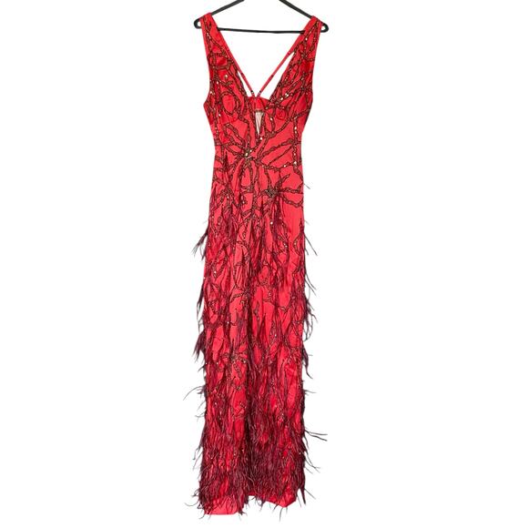 MANDALAY Sleeveless V-Neck Sequin‎ Embellished Maxi Dress in Red-Size 2 - Picture 1 of 6
